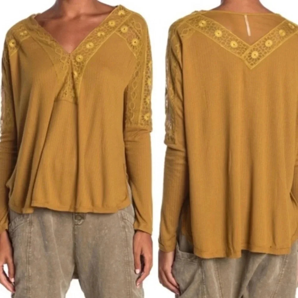 Free people boho mustard yellow floral lace v-neck oversized top size small